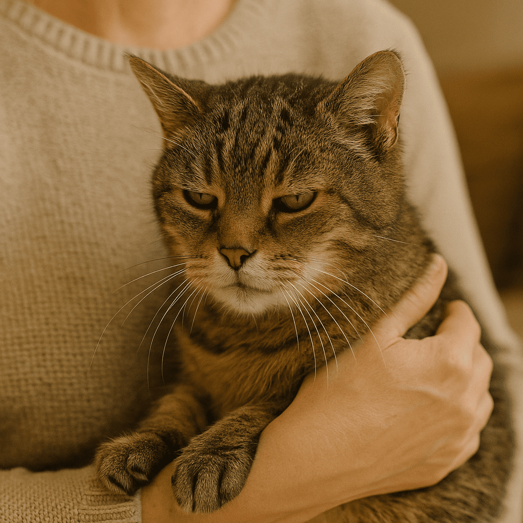 Owner gently holding an elderly cat, highlighting the importance of care and companionship in senior cat lifespan.