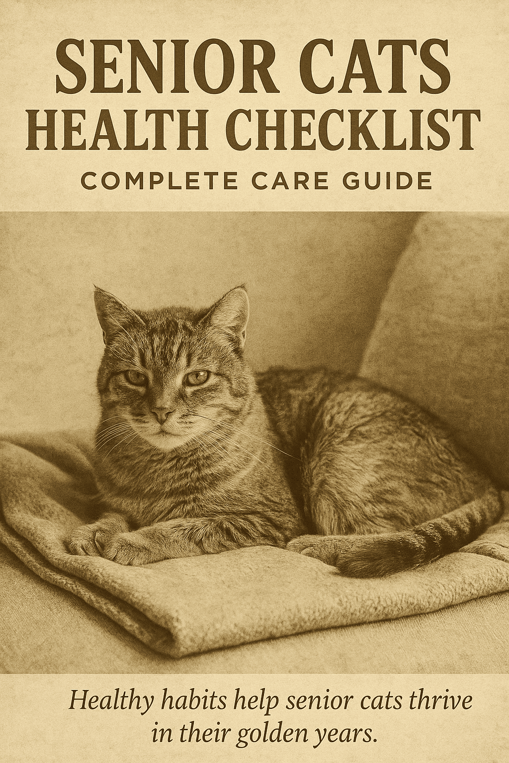 Senior cat resting on a cozy blanket, symbolizing health and comfort in old age.