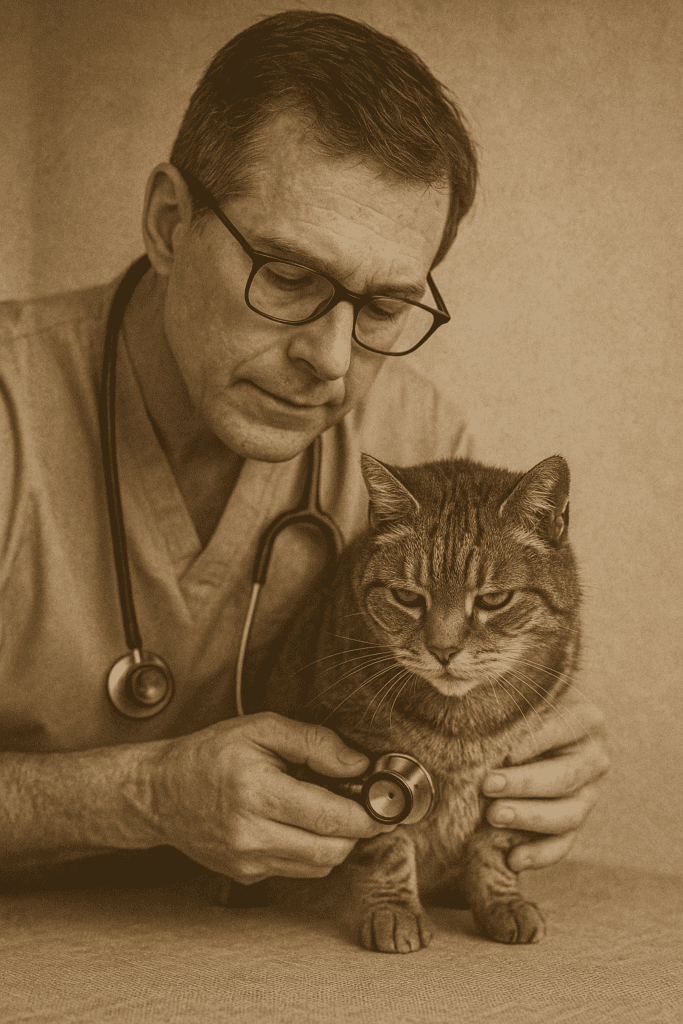 Veterinarian examining a senior cat during a health checkup.