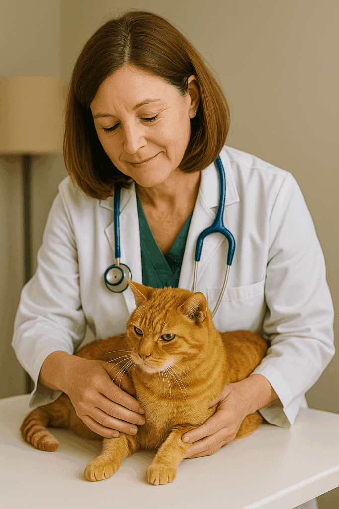 Veterinarian checking a senior cat for arthritis during a health exam.