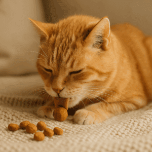 Senior cat enjoying soft treats for sensitive stomach on cozy blanket