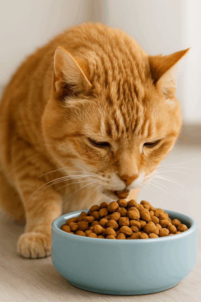 Senior cat eating dry kibble to support dental health