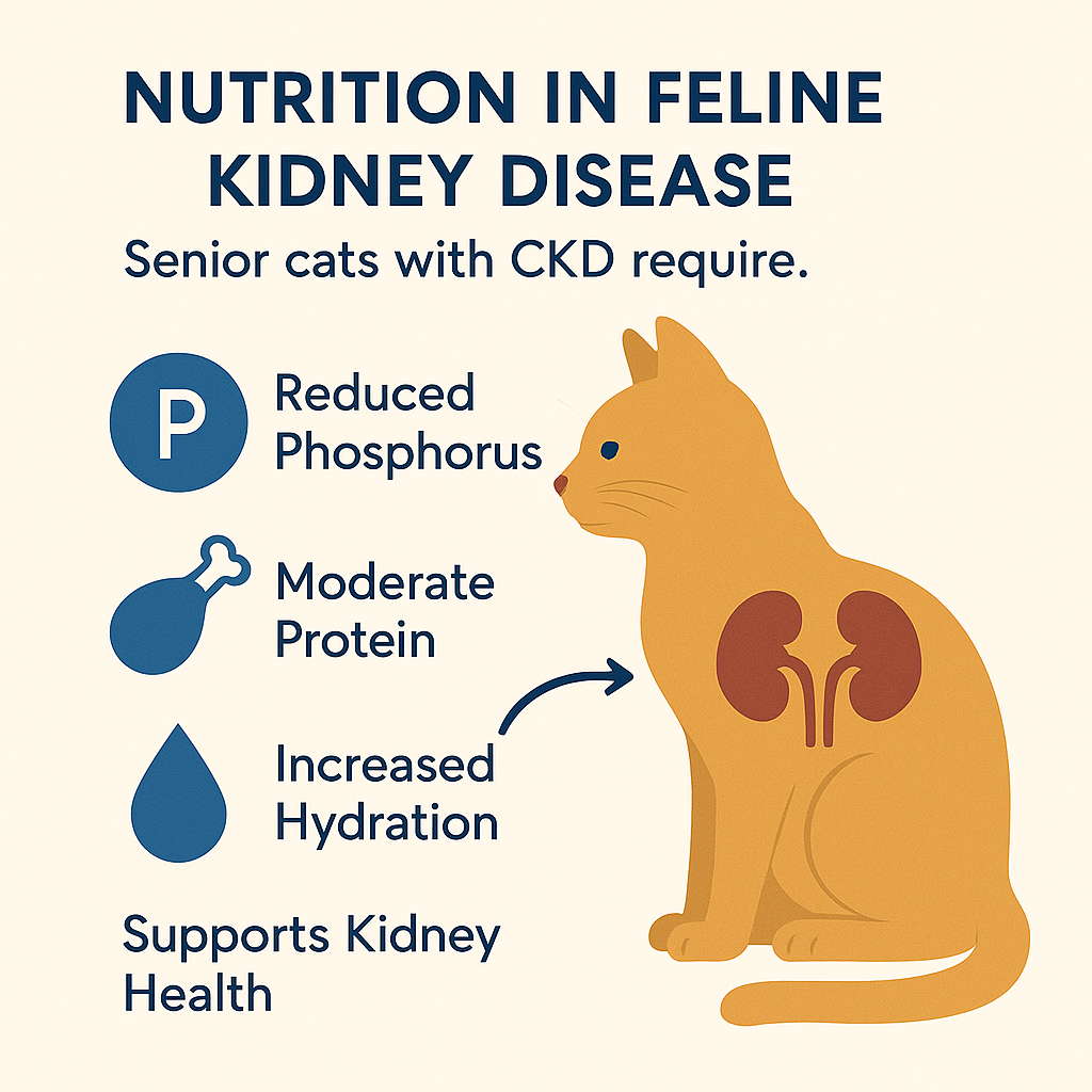 Illustration showing how diet supports kidney health in senior cats with CKD.