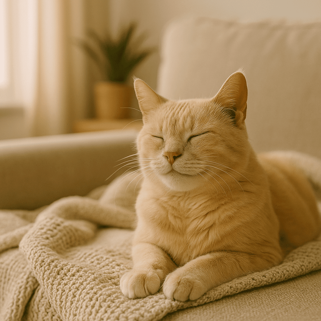 Happy senior cat resting comfortably after enjoying treats