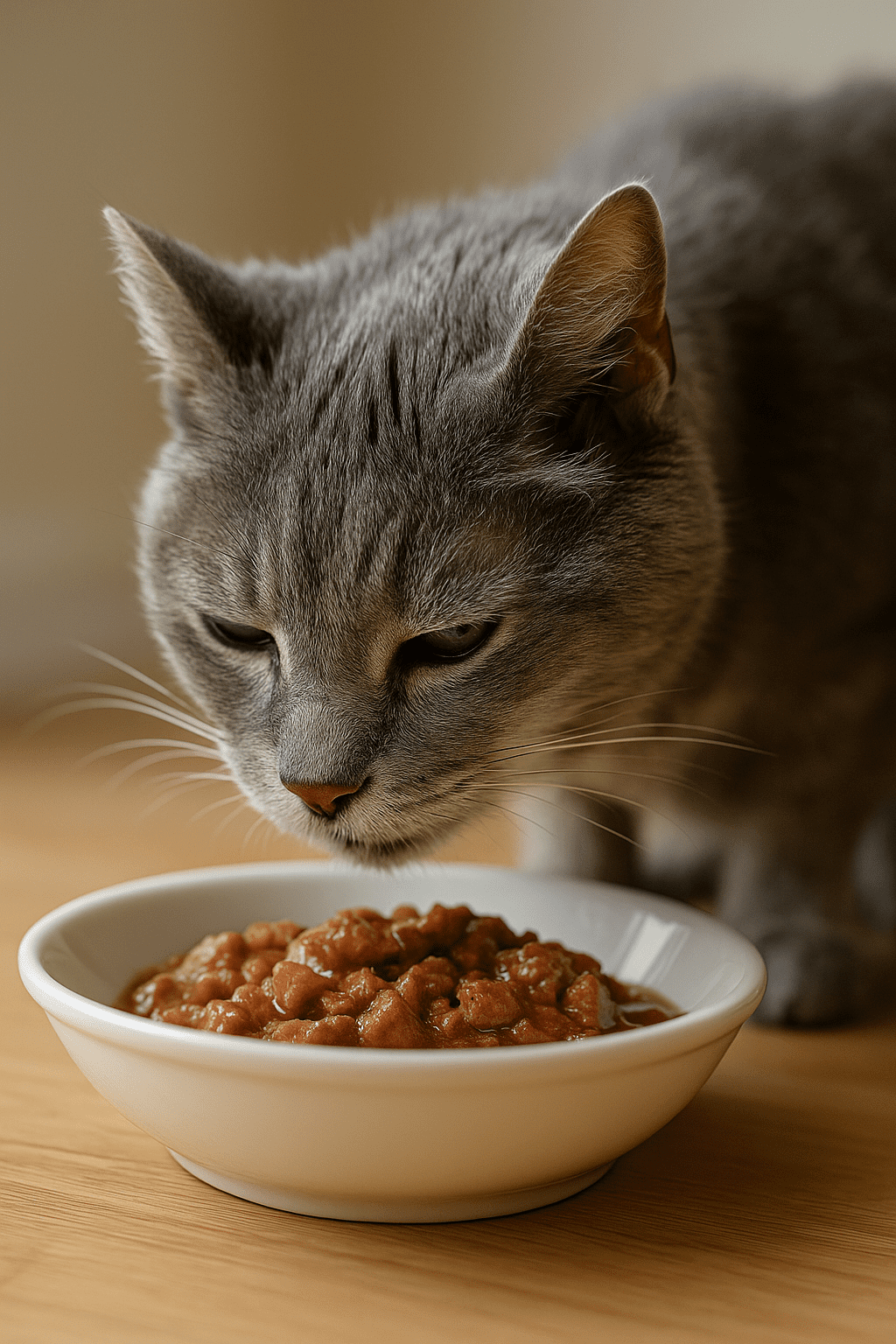 Senior cat eating high-protein wet food to maintain muscle health