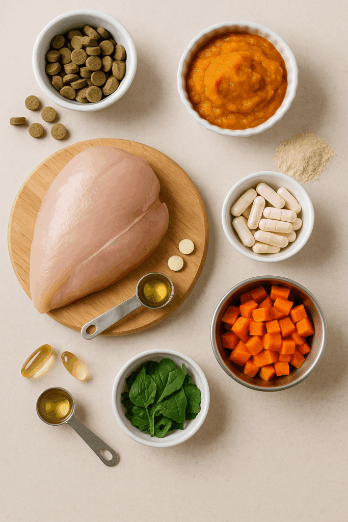 Ingredients for a homemade senior cat diet including chicken, pumpkin, and supplements