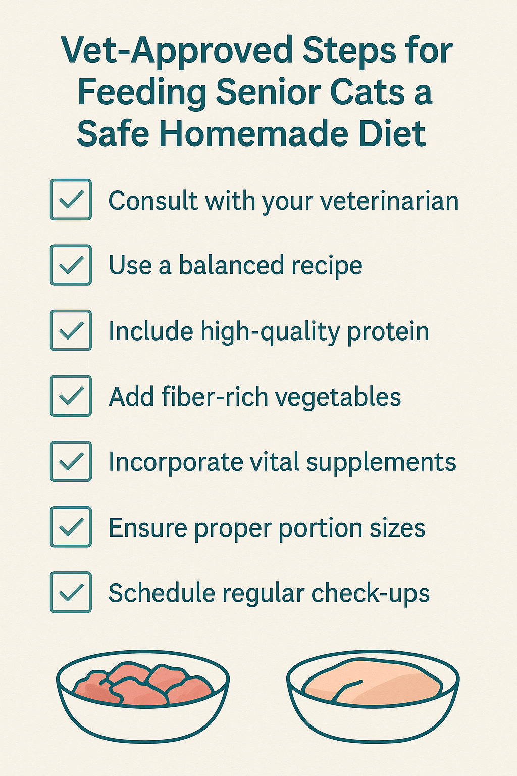 Illustrated checklist of steps for safe homemade food for senior cats