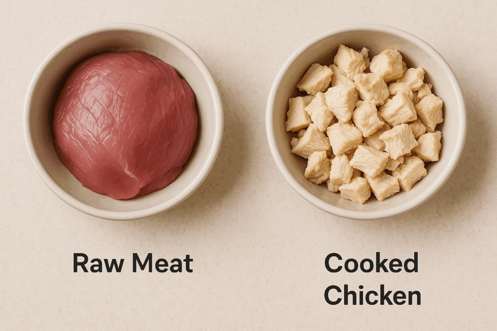 Side-by-side image showing raw meat vs cooked chicken in bowls for senior cats