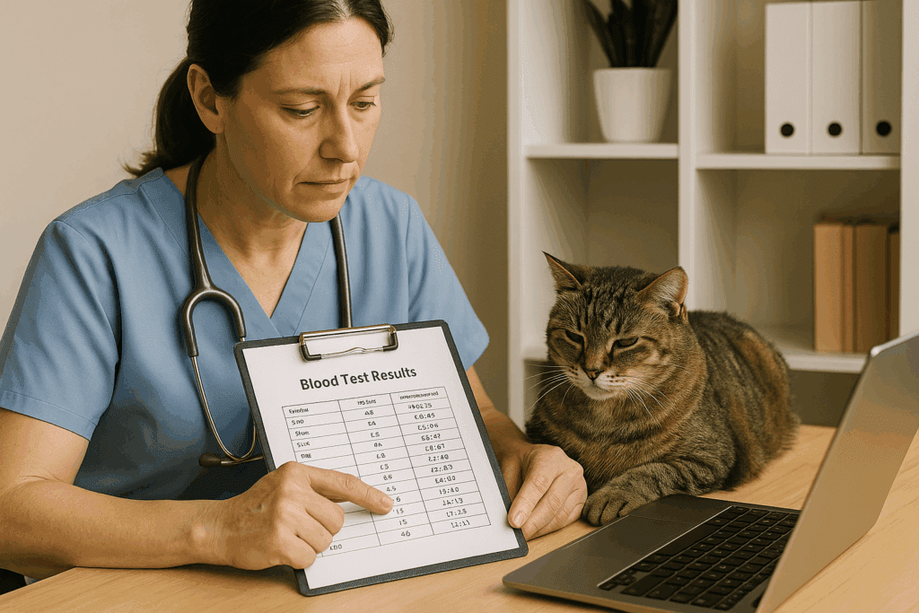 Veterinarian reviewing senior cat’s bloodwork to check homemade diet safety