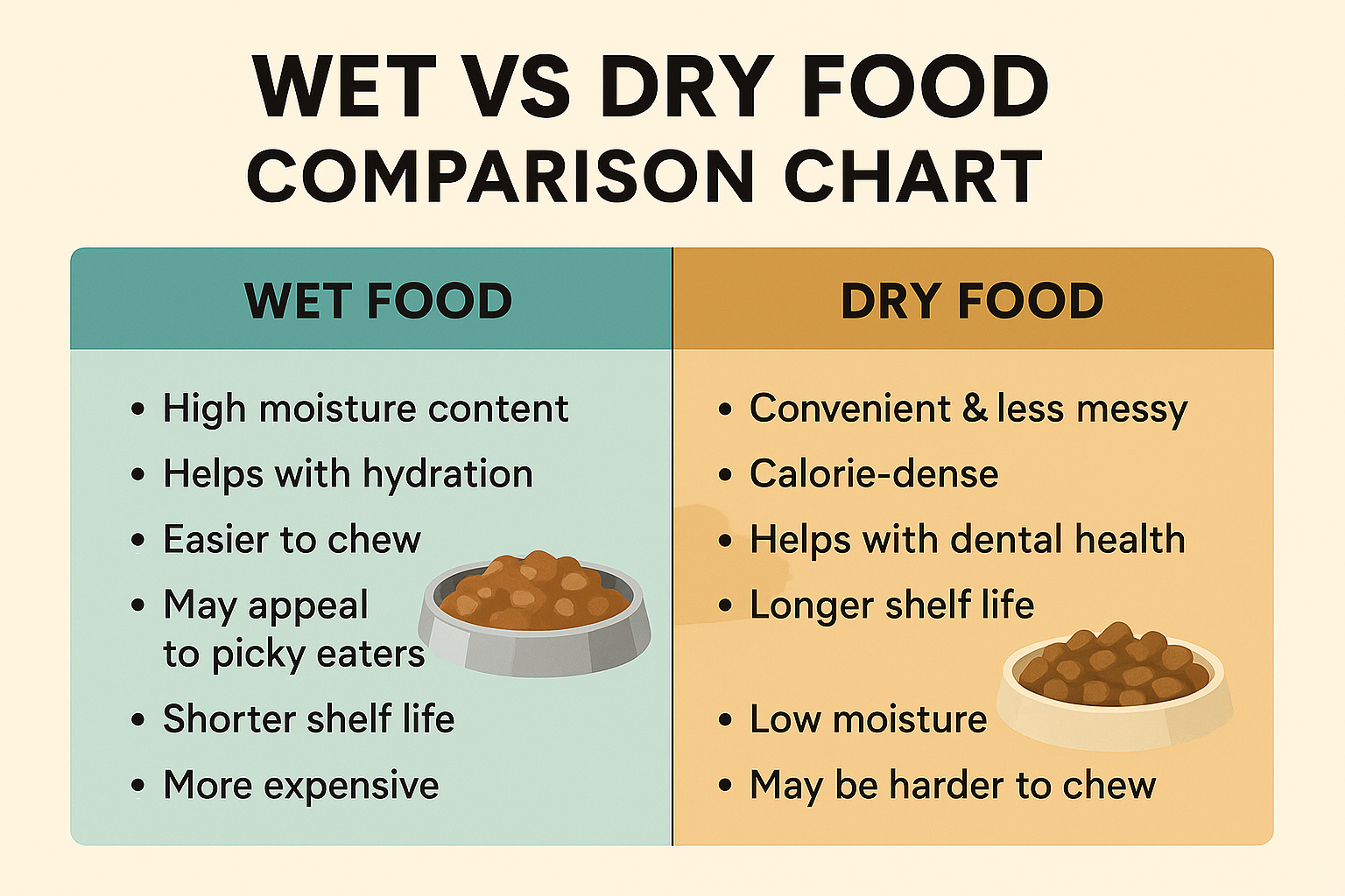 Infographic comparing pros and cons of wet vs dry food for senior cats