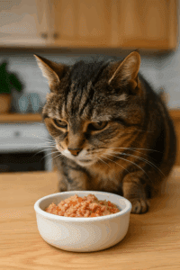 Older cat eating from a ceramic bowl with fresh homemade cat food