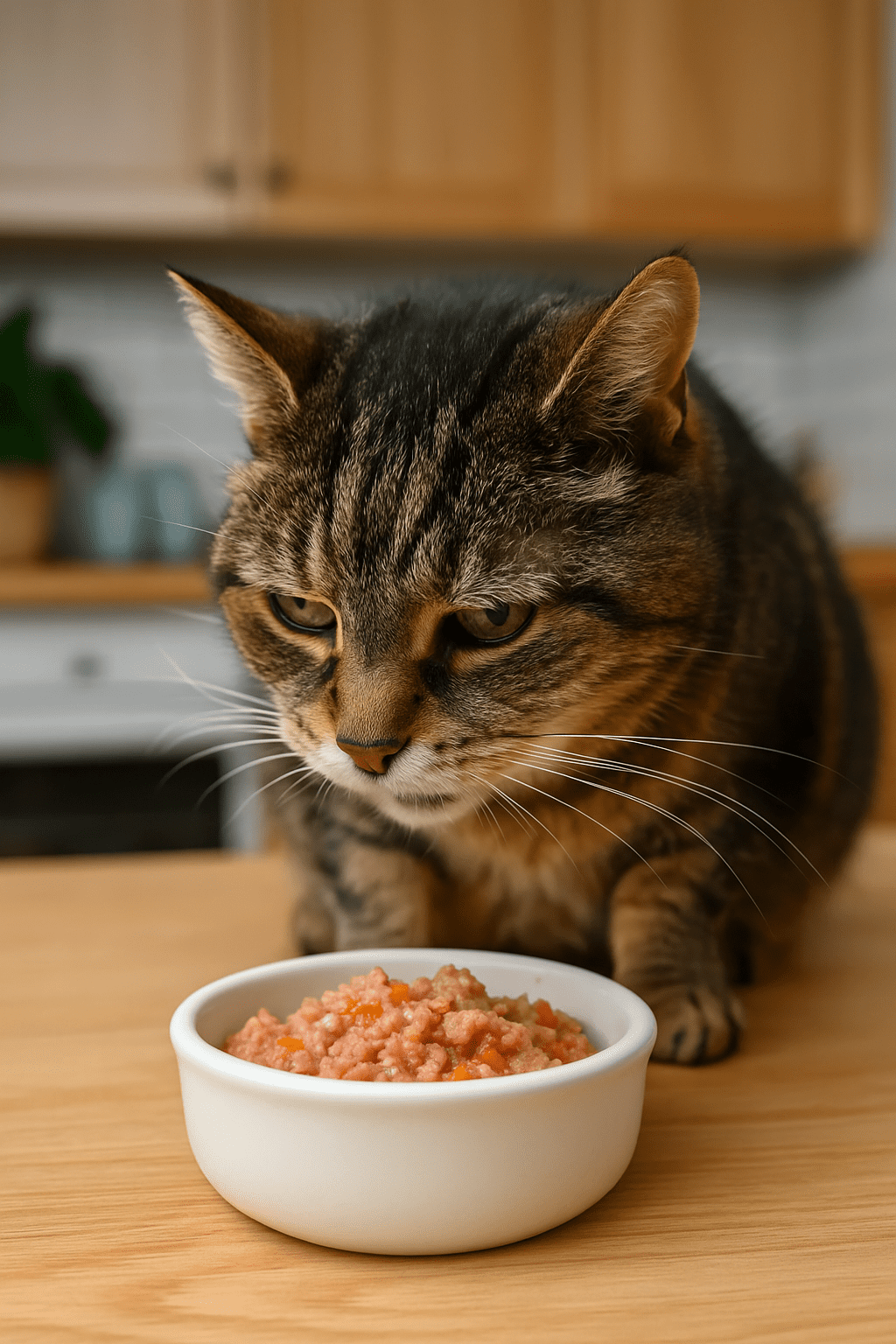 Older cat eating from a ceramic bowl with fresh homemade cat food