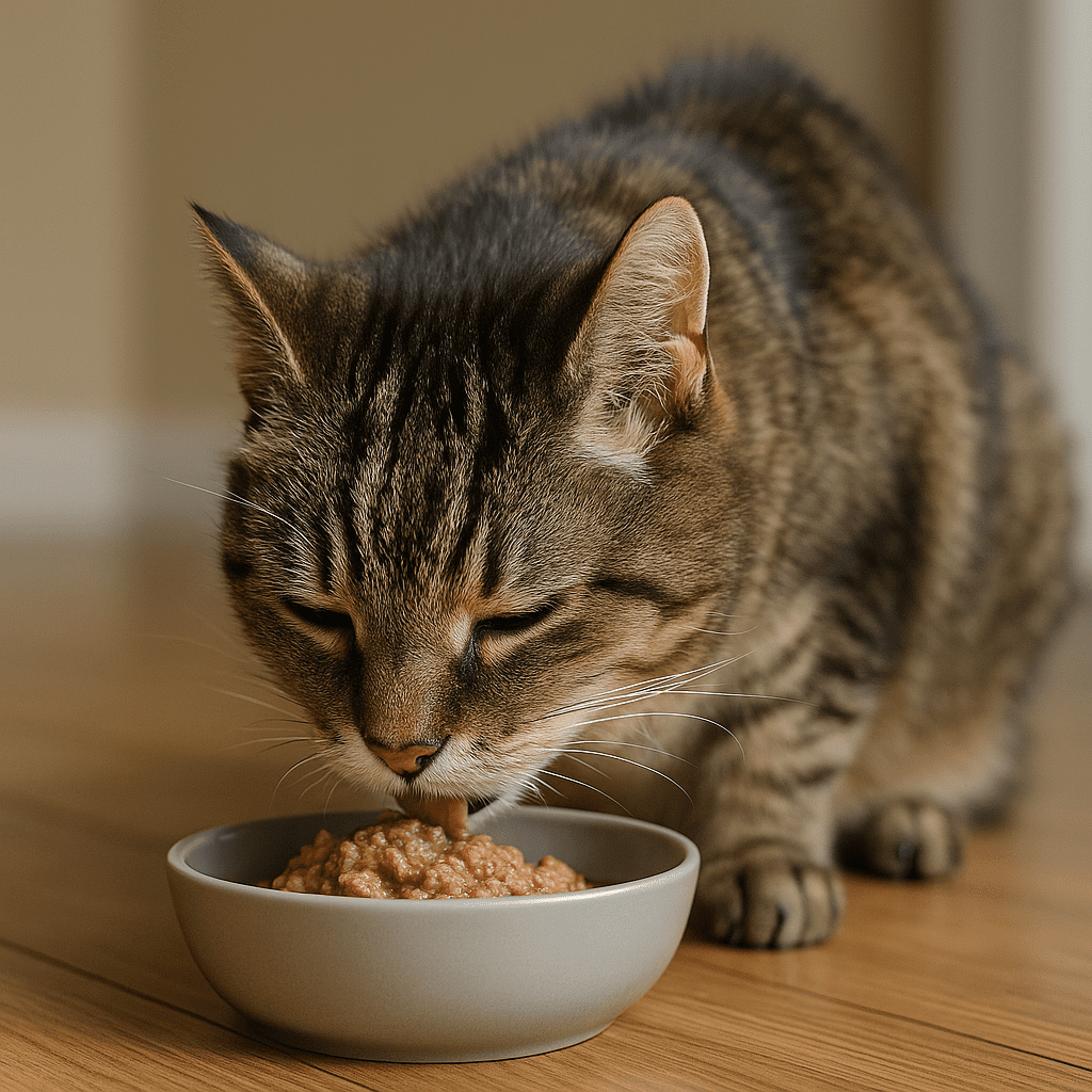 Senior cat eating wet renal diet food for kidney disease management.