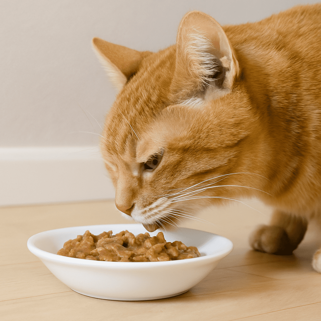 Senior cat enjoying canned wet food with high moisture content