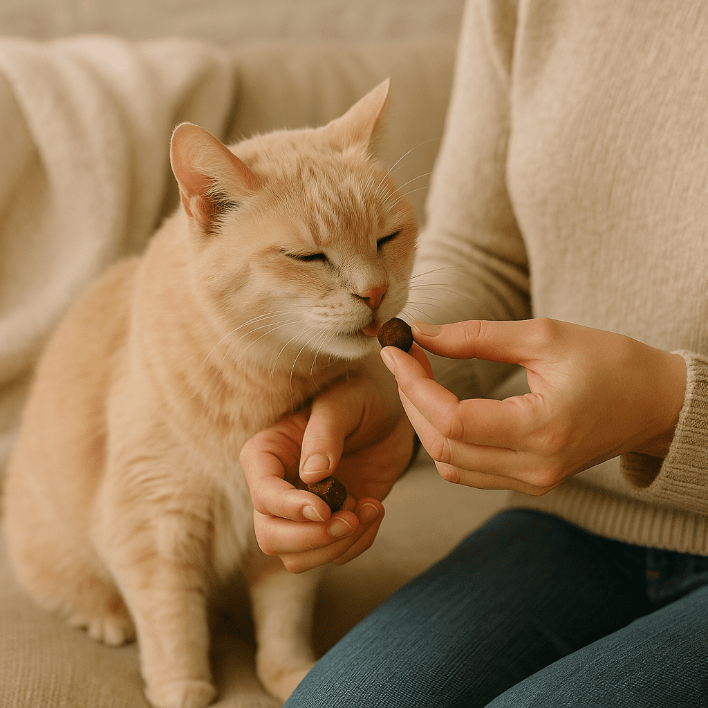 Cat owner giving soft treat to senior cat with sensitive stomach