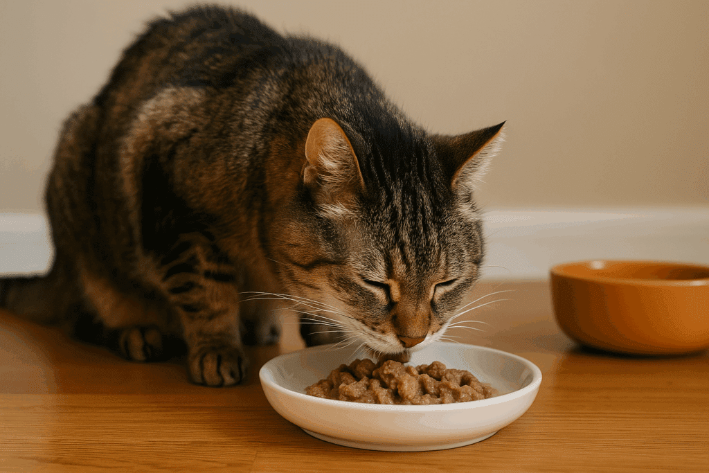 Transitioning senior cat to renal diet food by mixing old and new gradually.