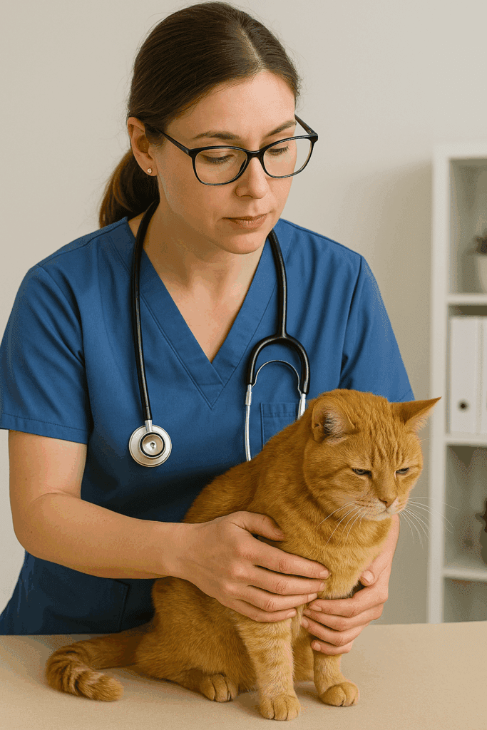 DVM veterinarian examining a senior cat during a nutrition checkup