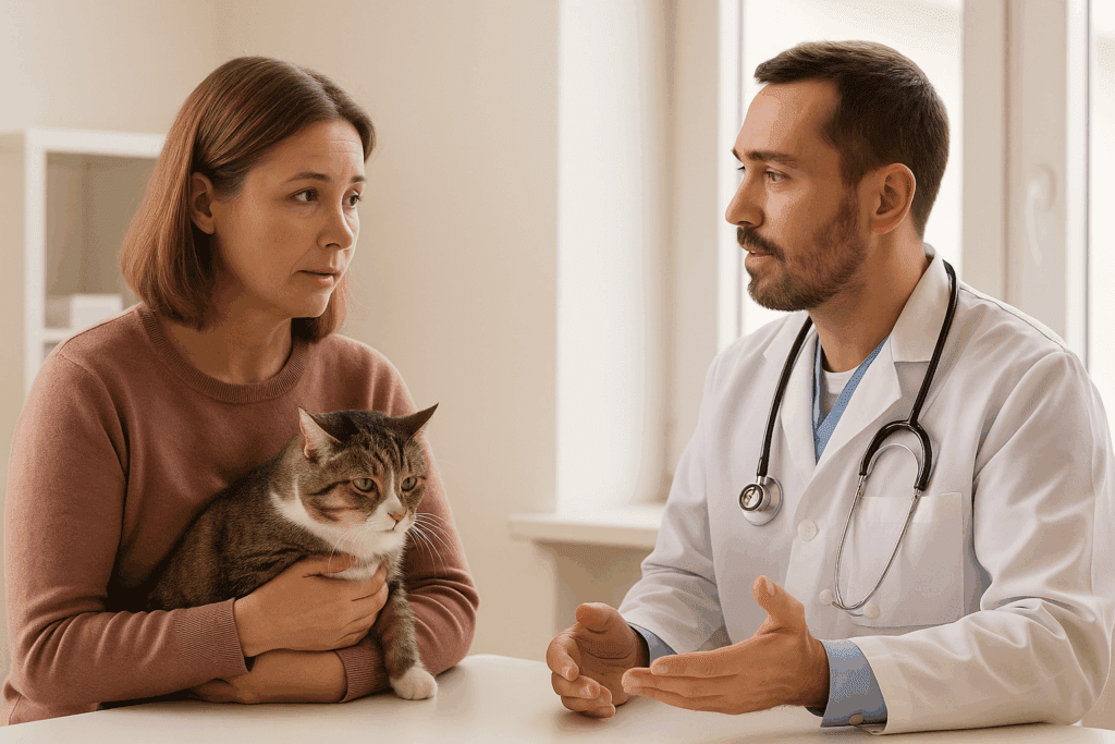 Veterinarian consulting owner about best food for senior cats with kidney disease.
