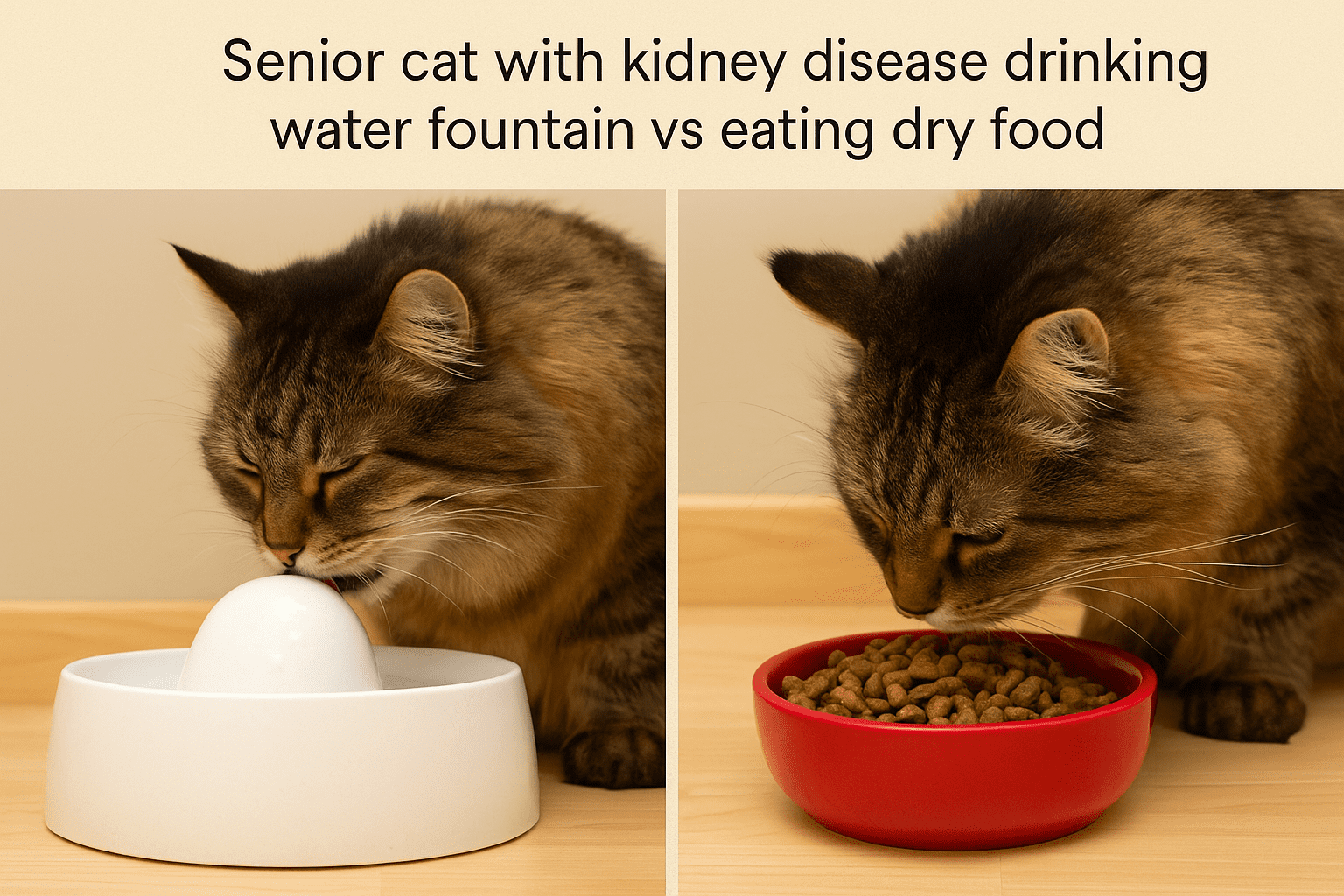 Senior cat with kidney disease drinking water fountain vs eating dry food.