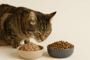 Senior cat eating from bowls of wet and dry food side by side