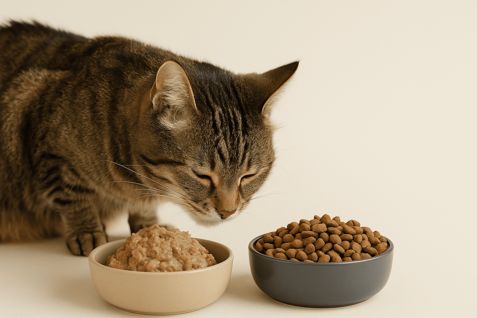 Senior cat eating from bowls of wet and dry food side by side