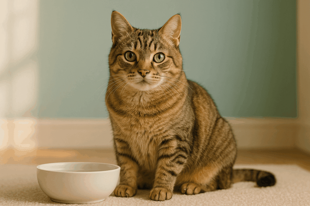 Healthy senior cat sitting beside a clean water bowl with a relaxed expression.