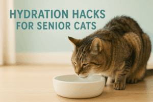 Senior cat drinking water from a ceramic bowl in a cozy home environment.