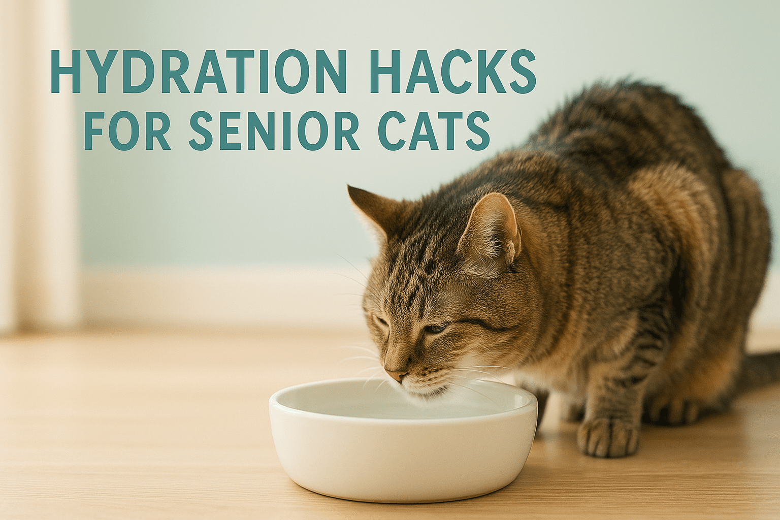Senior cat drinking water from a ceramic bowl in a cozy home environment.