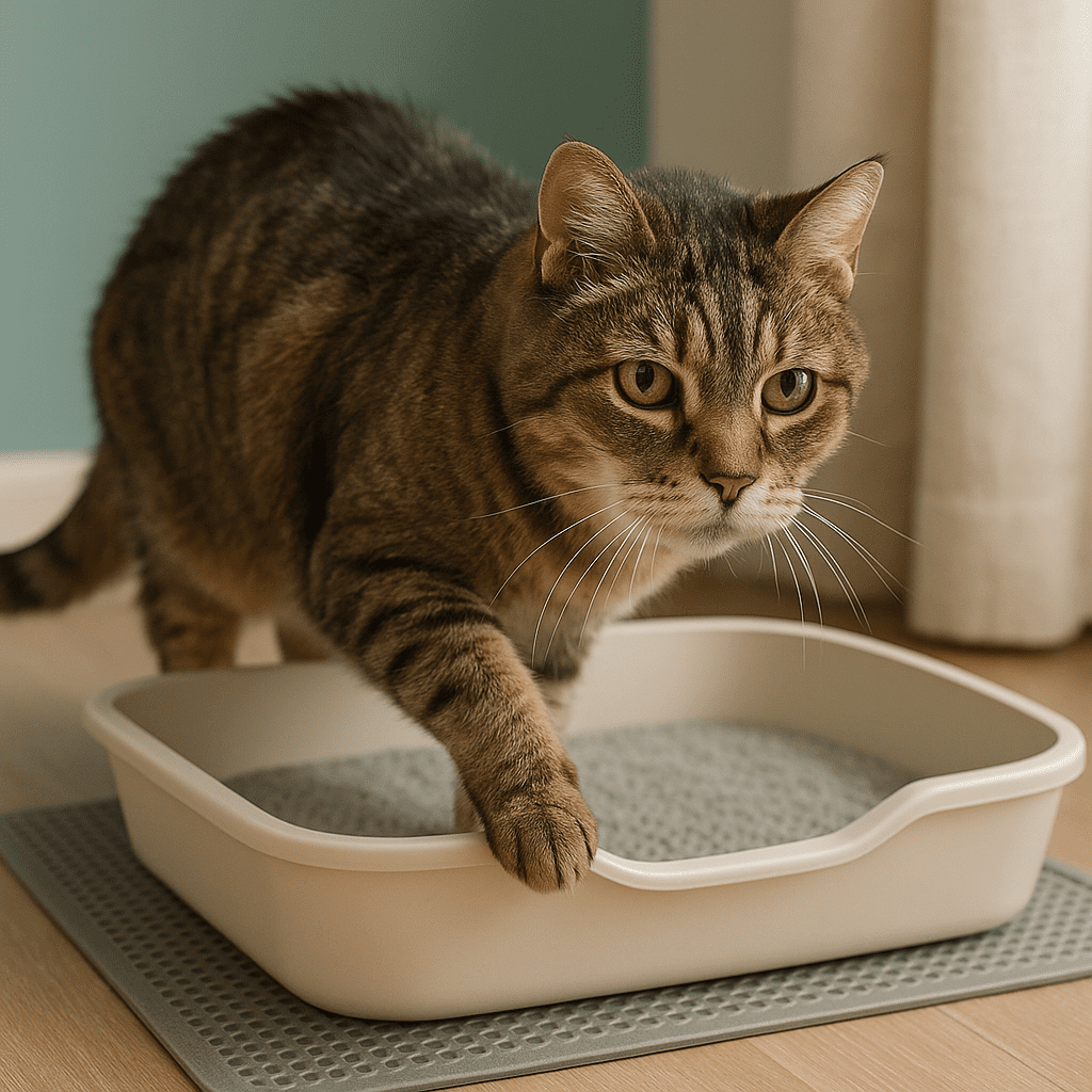 Senior cat stepping into a shallow, low-entry litter box on a non-slip mat.