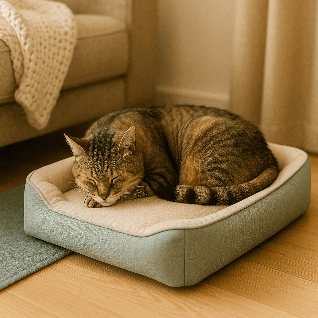 Senior cat curled up on a memory-foam orthopedic bed in a warm, sunlit corner.