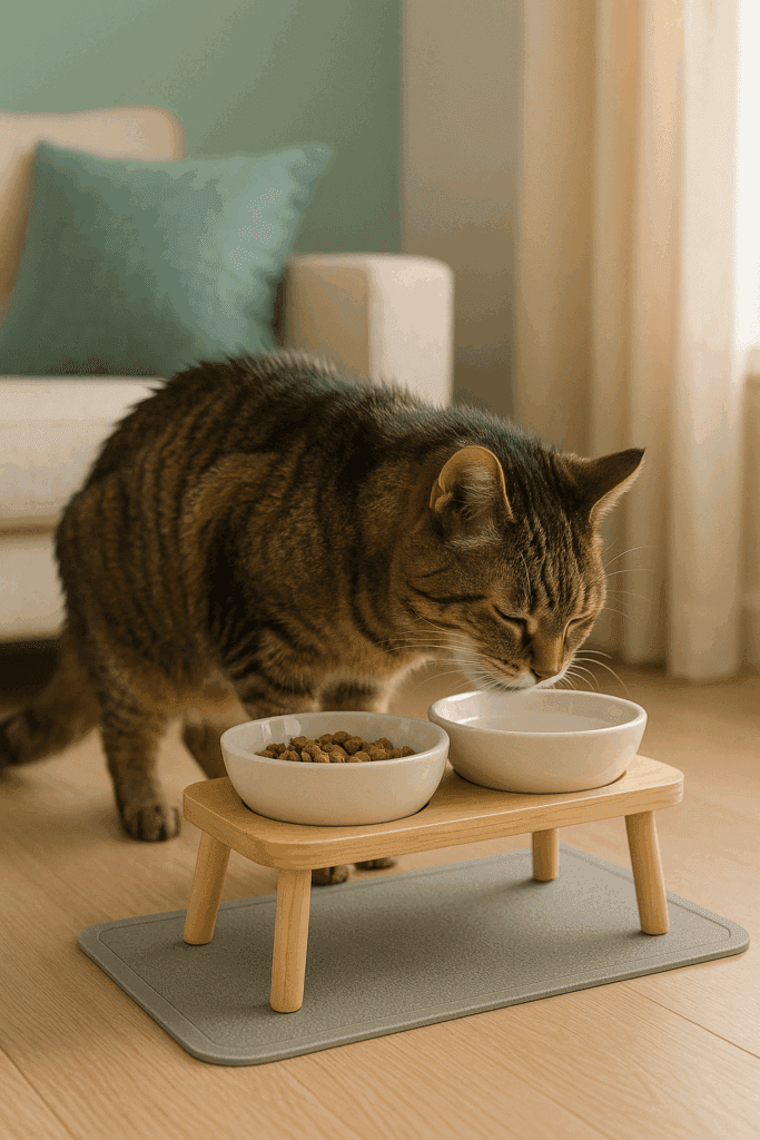 Senior cat eating comfortably from raised bowls on a non-slip mat.
