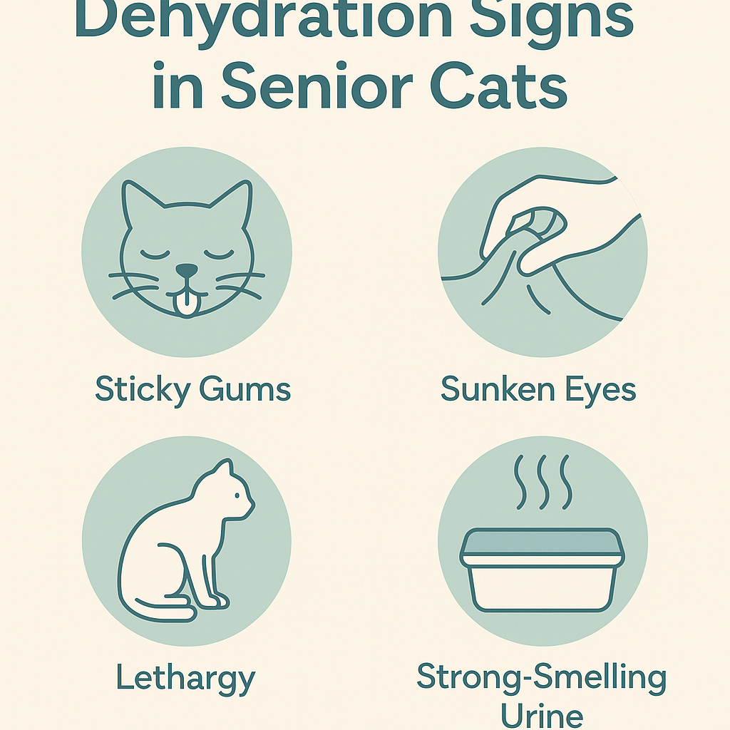 Infographic illustrating dehydration signs in senior cats including sticky gums, sunken eyes, skin tenting, lethargy, and strong-smelling urine.