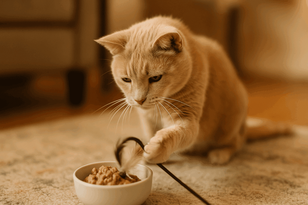 Senior cat playing indoors to maintain muscle during weight gain