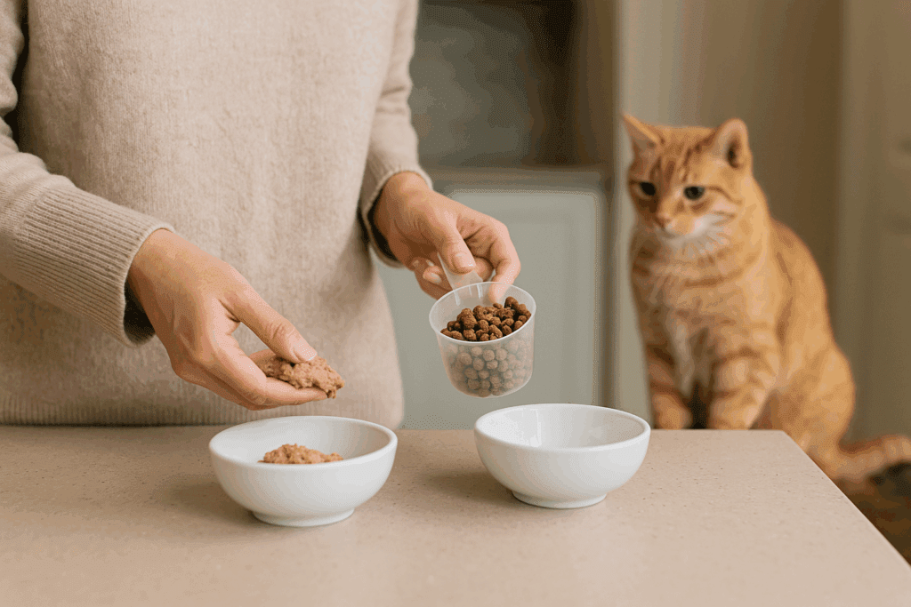 Owner measuring portions for a senior cat’s feeding plan