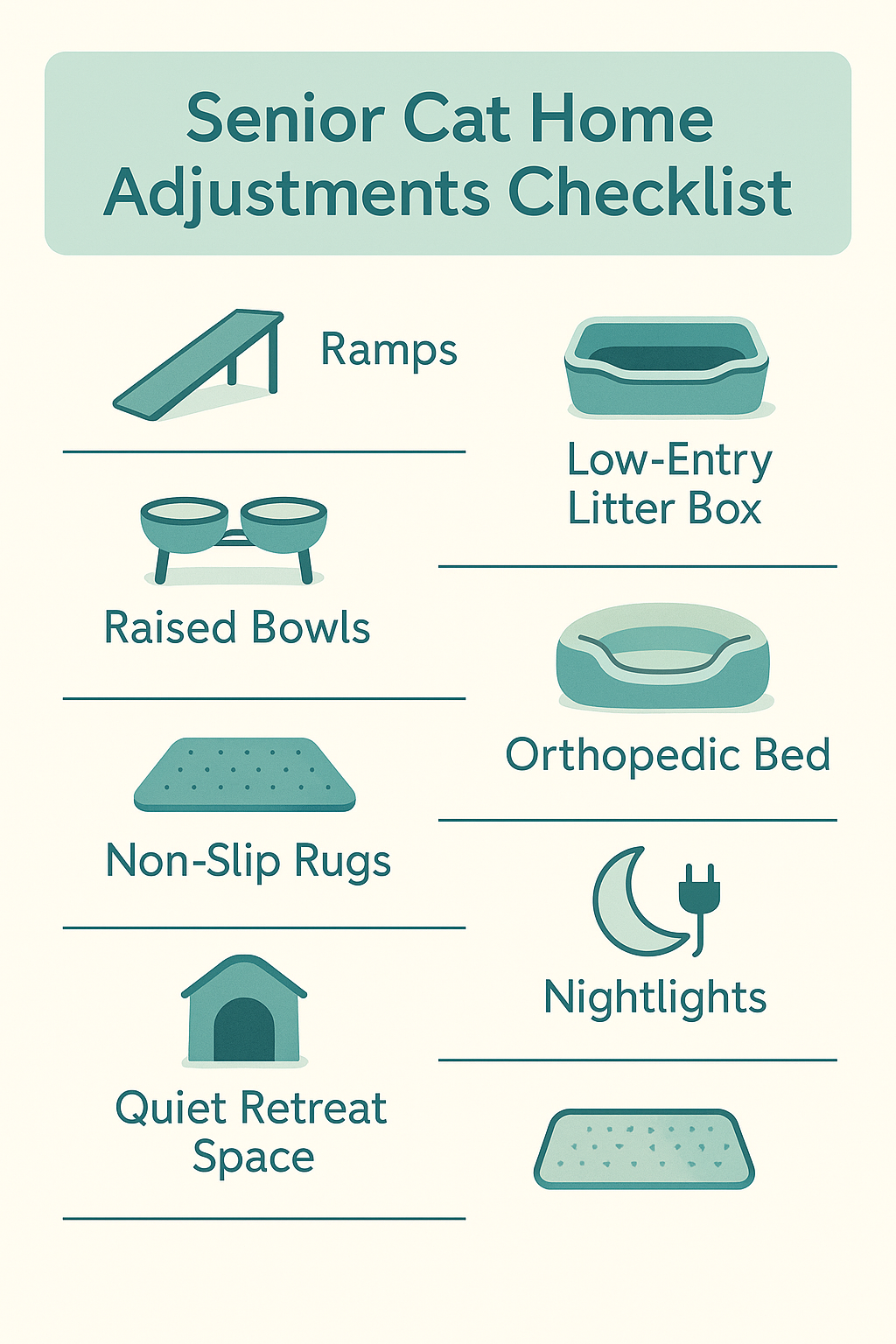 Infographic checklist showing ramps, low-entry litter boxes, raised bowls, orthopedic beds, non-slip rugs, nightlights, and quiet retreat spaces.