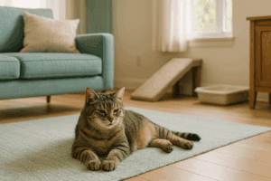 Senior cat lounging comfortably on a teal rug in a cozy living room with a pet ramp and low-entry litter box in the background.