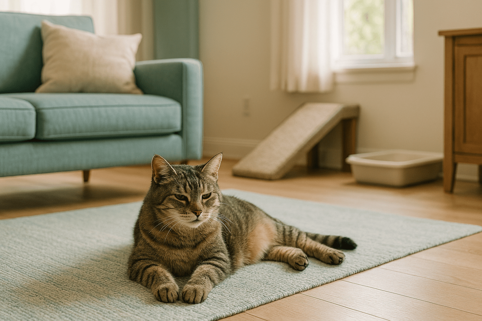Senior cat lounging comfortably on a teal rug in a cozy living room with a pet ramp and low-entry litter box in the background.