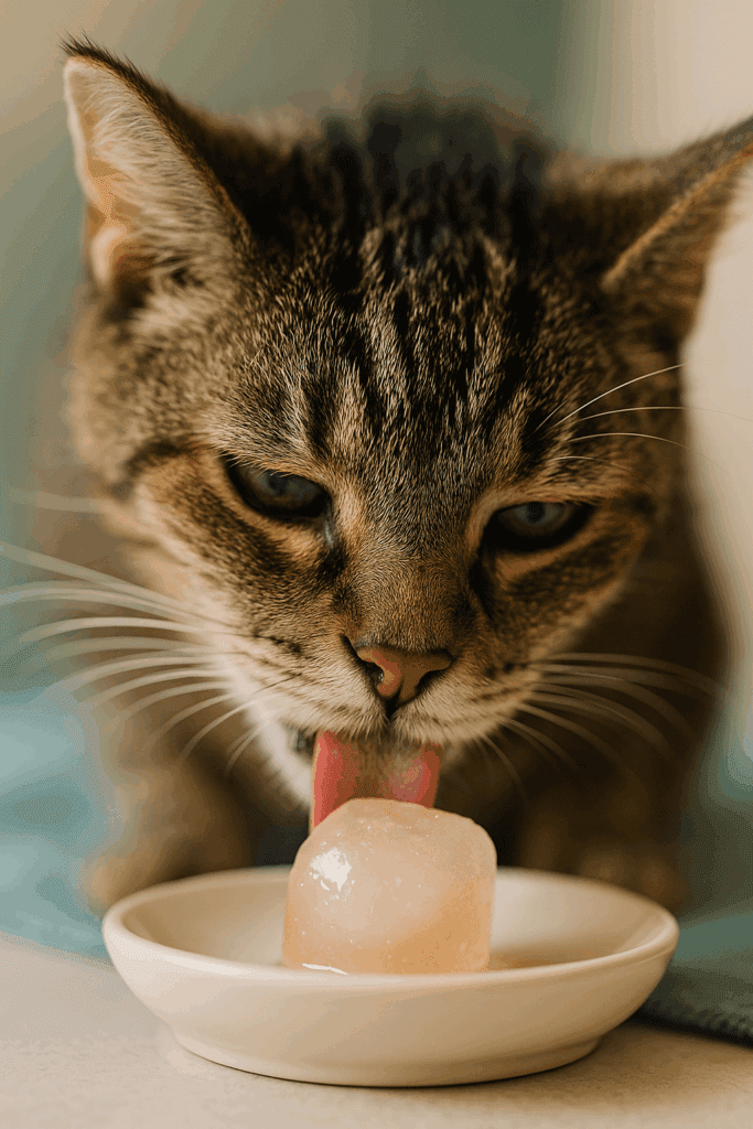 Senior cat licking a tuna-water ice cube treat on a white ceramic dish.