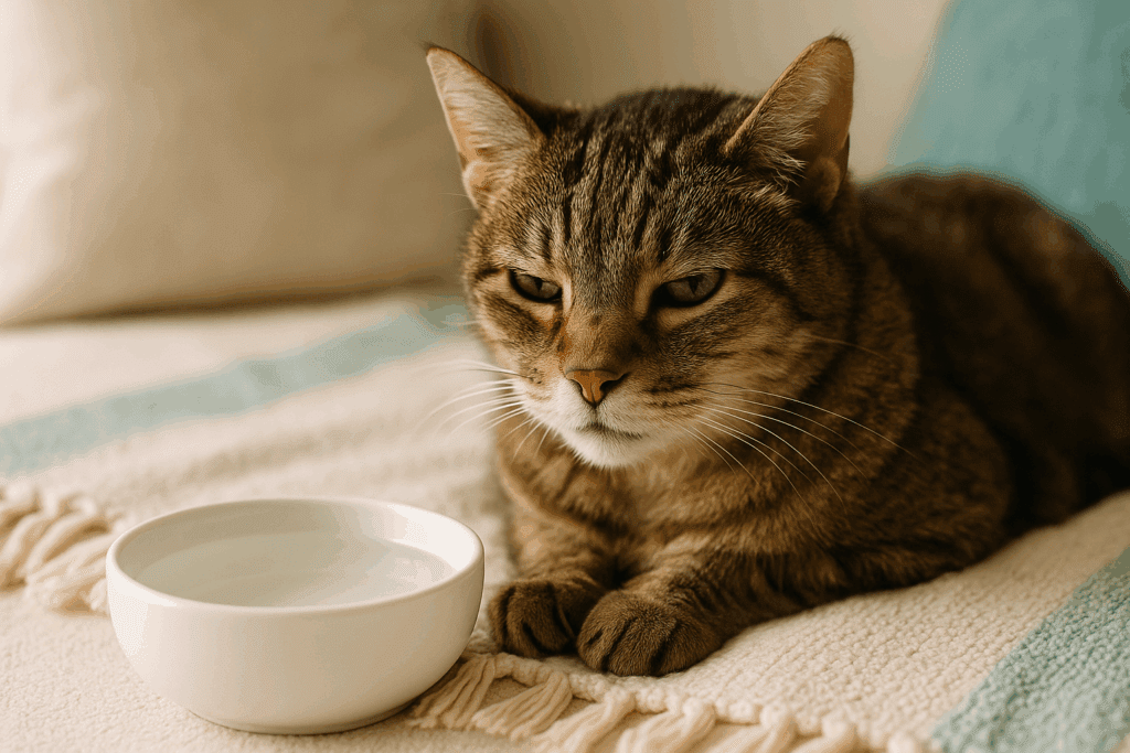 Senior cat resting on a cozy blanket beside a fresh water bowl.