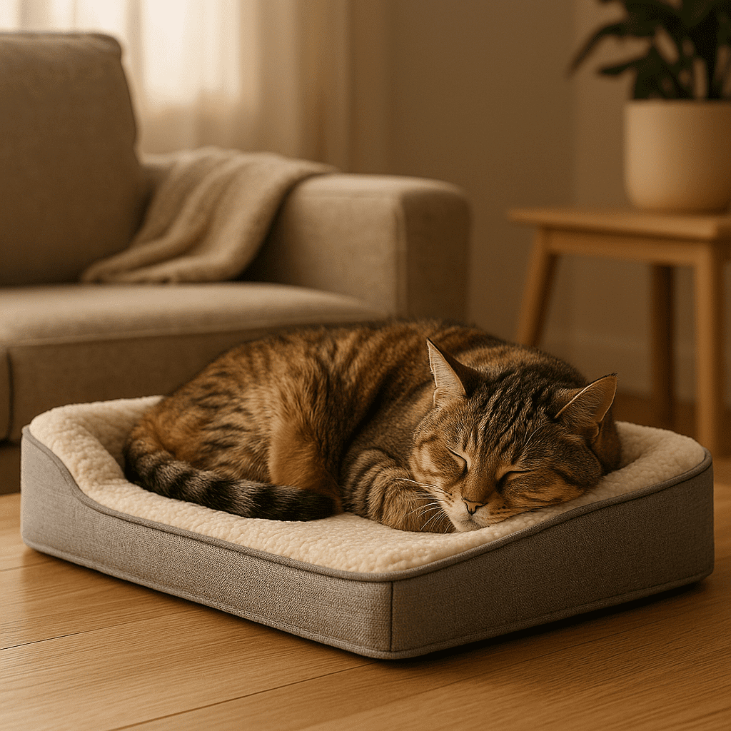 Senior tabby cat resting comfortably on a low-profile orthopedic cat bed for joint support