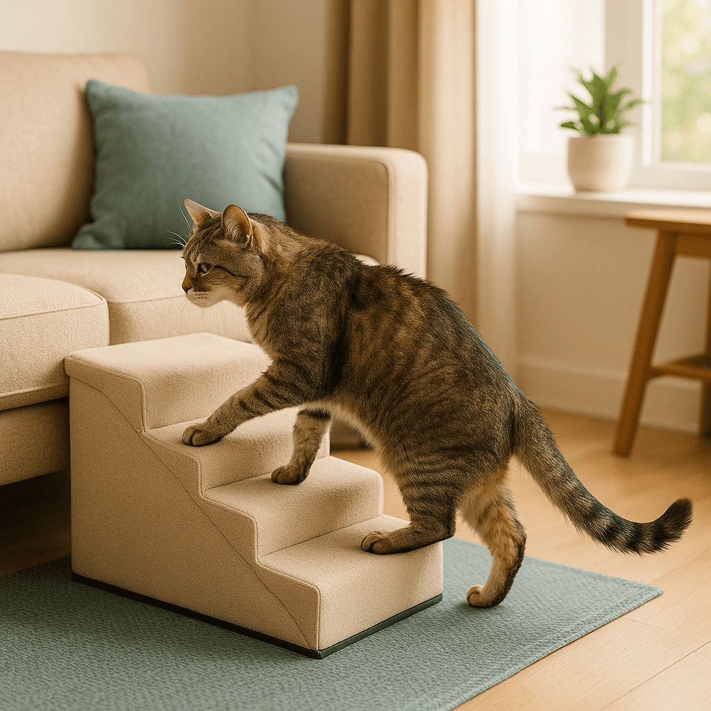 Senior cat walking up soft pet stairs to reach a couch in a cozy teal-accented room.