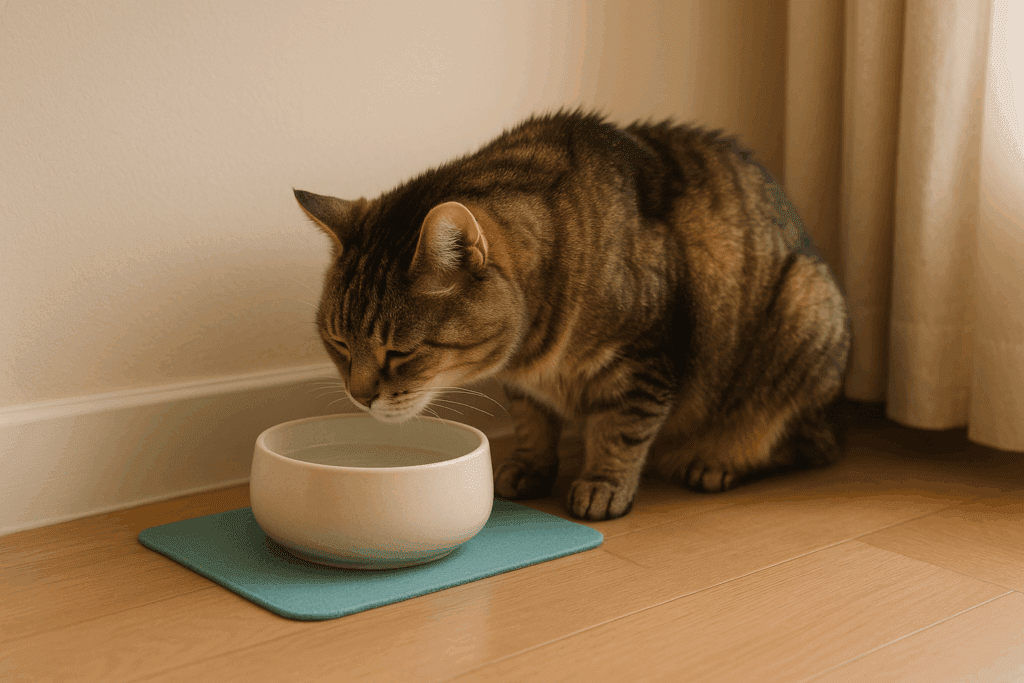 Senior cat drinking from a water bowl placed on a teal mat in a quiet corner of the home.