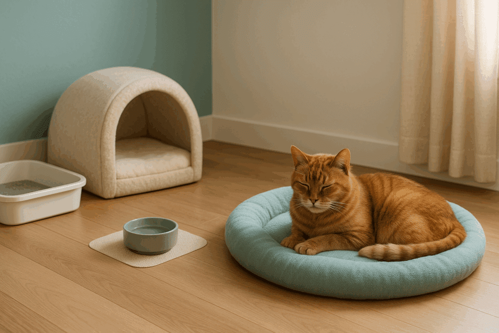 Senior cat resting in a cozy safe room with a low-entry litter box, water bowl, soft bed, and covered hideaway.
