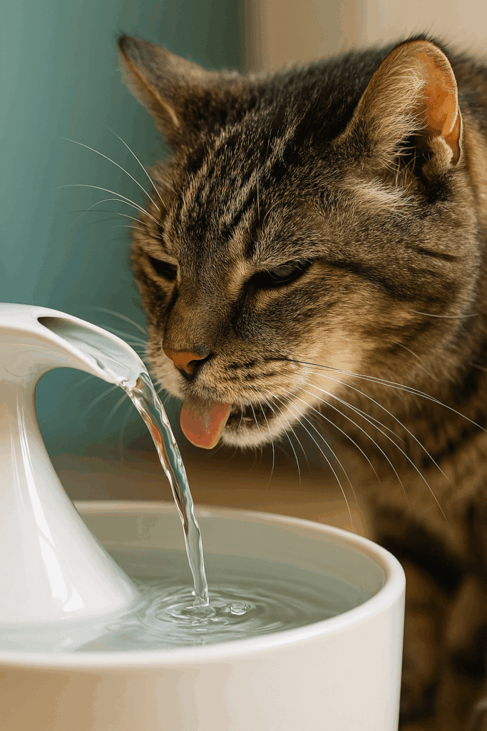 Close-up of a senior cat drinking from a modern pet water fountain with flowing water.