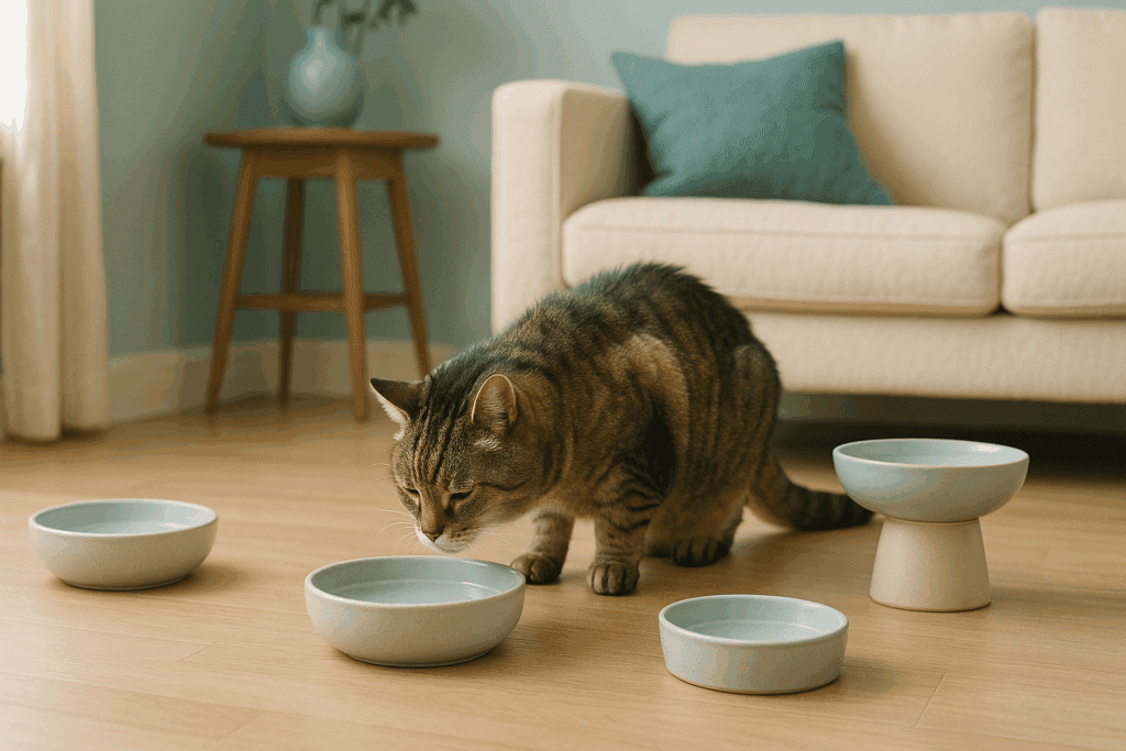 Senior tabby cat inspecting multiple water bowls placed around a living room.