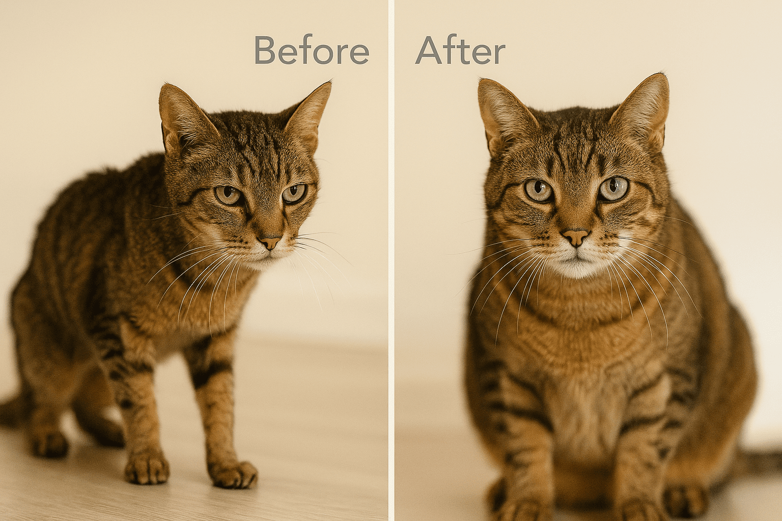 Before-and-after comparison of an underweight senior cat showing healthy weight gain