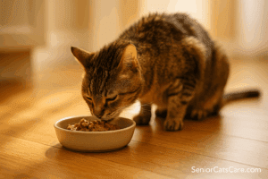 Senior cat eating soft, high-calorie wet food to gain weight