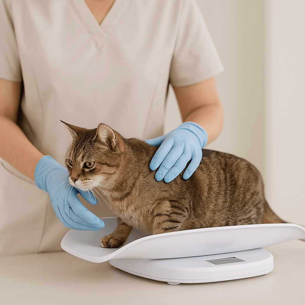 Veterinarian weighing an underweight senior cat during a checkup