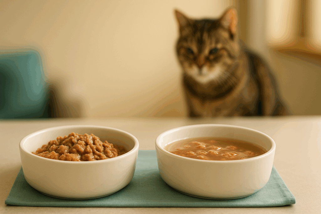 Two ceramic bowls showing standard wet cat food and wet food mixed with warm water for hydration.