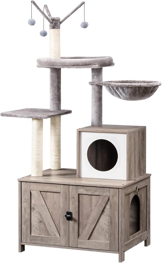 Senior cat resting inside a modern furniture-style indoor cat house with an orthopedic cushion.